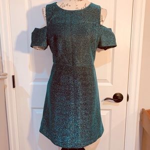 TopShop, blue metallic, shoulder cut-out, cross-cross back dress